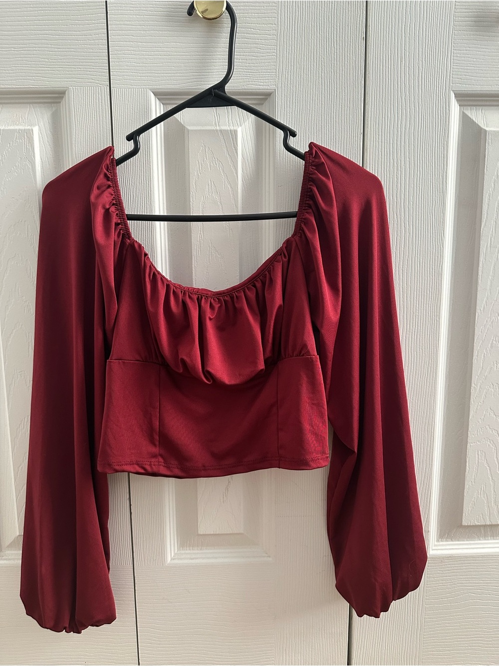 Womens Burgundy Long Sleeve Peasant Crop Top